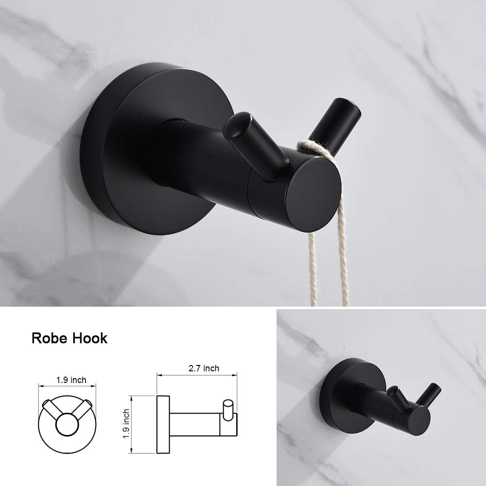 Iriber Bathroom Hardware Round Matte Black Double Bath Towel Bar Rack Shelf Caddy Accessory Set,Stainless Steel Coat Rack with 5 Scroll Hooks,Toilet Paper Holder,Robe Hook Wall Mounted,4-Piece: Home & Kitchen