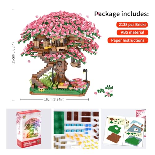 Uniiking® Cherry Blossom Tree Building Set, (2008pcs) Flowers Bonsai Mini Blocks Kit for Adult, Japanese Sakura-Tree House Building Blocks Set, Gift Ideas for Girls 8+