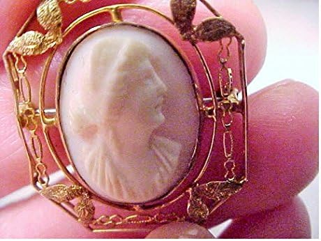 Dainty 10kt Gold Victorian Cameo w/ Diadem Filigree Ornate Art Deco Setting, Hand Carved About 100 Years Ago, Shell Cameo Brooch. Pendant Adapter Available