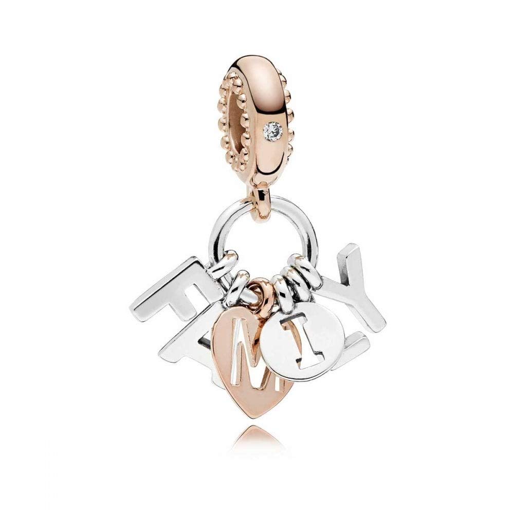 FGT Rose Gold Family Dangle Charm fits Pandora Moments Bracelets Sterling Silver Heart Letter Pendant Gift Mum Women Granddaughter Daughter Girls Birthday Mothers Day