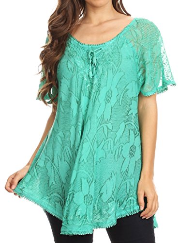 Sakkas 16788 - Maliky Wide Corset Neck Floral Embroidered Cap Sleeve Blouse Top Shirt - Seafoam - OS