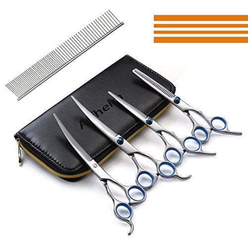 Dog Scissors, Alfheim Professional 4 pieces in 1Pet Hair Grooming Scissors Set- Thinning Shear & Straight-Edge Shear& 2 Curved Shears -Sharp and Strong Stainless Steel Blade for Dog Cat and other pets