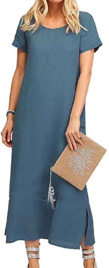 Hoolep Women's Mid Length Summer Crew Neck Solid Short Sleeve Linen Dress at Amazon Womenâs 