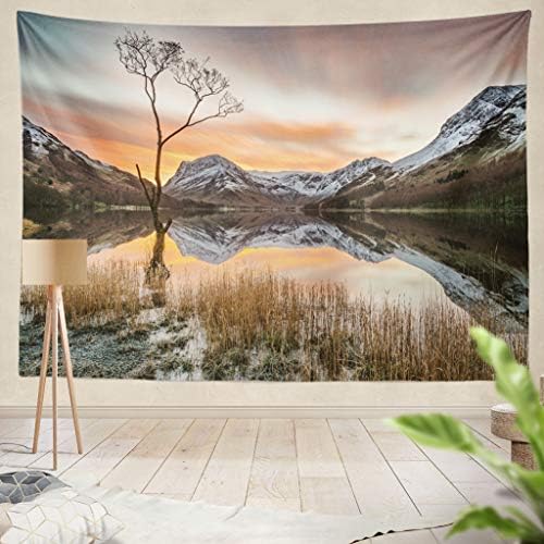 Summor Tapestry Vibrant Orange Sunrise with Clouds and Mountains Calm Still Water Tree Lake UK Hanging Tapestries 60 X 80 Inch Wall Hanging Decor for Bedroom Livingroom Dorm