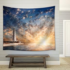 Lighthouse and Beautiful Sunset - Fabric Wall Tapestry Home Decor - 51x60 inches