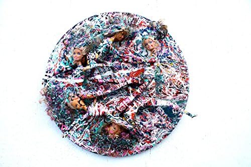 ORIGINAL Barbie dolls 18 x 18 x 4 inches abstract expressionism round sculpture painting drip contemporary art