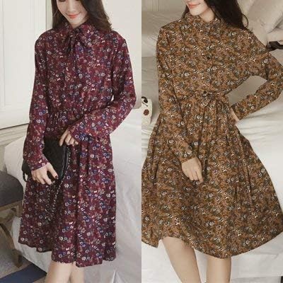 Amazon ワンピース チュニック ひざ丈 長袖 ミディアム 襟付き Aライン 花柄 リボン レギュラー丈 レディース M レッド 並行輸入品 ワンピース チュニック 通販