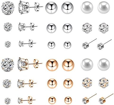 18 Pairs Stud Earrings Set for Girls Women Hypoallergenic Composite Faux Pearl Crystal Steel Ball Pack