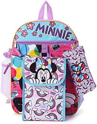 Kids Licensed School Backpack Lunch Bag Water Bottle Snack Tote ID Holder 6 PCS Set (Minnie Mouse)