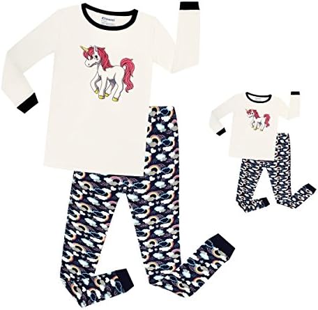 elowel | Pyjamas for Girls and Dolls | Matching Design | 2 Piece (Top and Bottom) | Tight Fitted | 100% Cotton | Design: Unicorn | Size: 8 Years | Multicoloured | Sizes: 2 Years - 10 Years