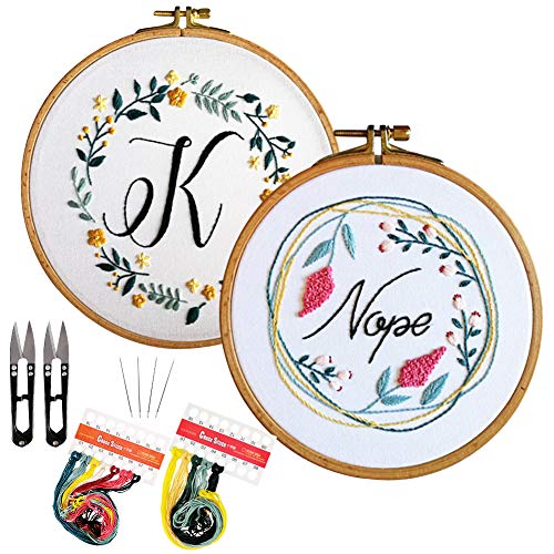 Hangnuo 2 Embroidery Starter Kit with Floral OK Nope Pattern for Beginners, Full Range Embroidery Cross Stitch with Embroidery Cloth, Bamboo Hoops, Threads, Needles, and Scissors