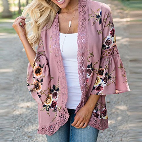 YANG-YI Women Lace Floral Open Cape Casual Cardigan Loose Blouse Kimono Cardigan Beach Dress (Pink, US M)