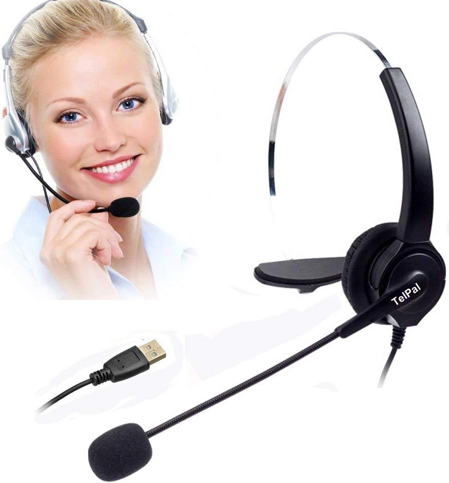 TelPal Desk Top Computer Headset for Call Center, Noise Cancellation Monoral Office USB Headset