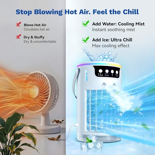 Portable Air Conditioners, Mini Evaporative Air Cooler 1200ML with Ice Cooling Mist, Fans That Blow Cold Air Like AC, Personal Swamp Cooler Quiet for Bedroom, Home Office Desk and Dorm