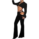 GORGLITTER Women's Rave Cut Out Pants High Waisted Flare Leg Y2K Going Out Pants Disco Bell Bottom Trousers