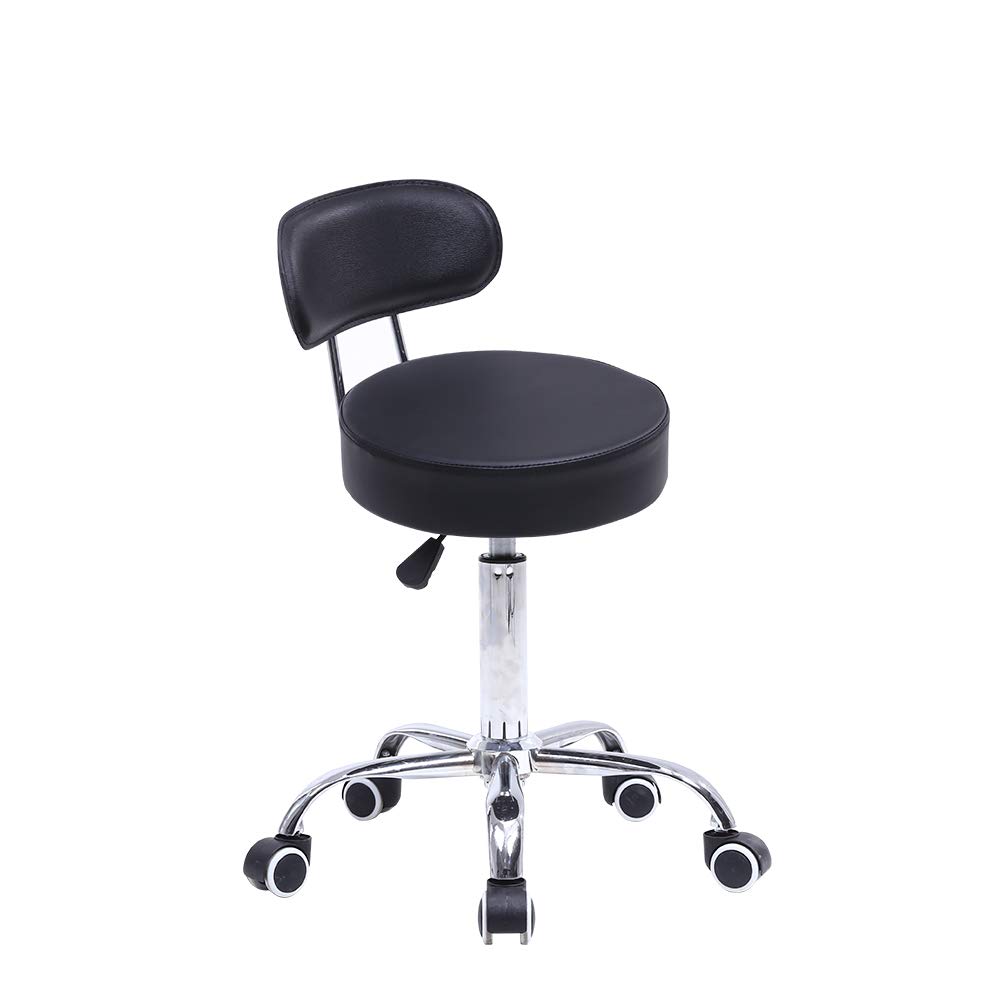 KKTONER PU Leather Rolling Stool with Mid Back Height Adjustable Office Computer Home Drafting Swivel Task Chair with Wheels (Black)