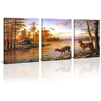 Dusk Rustic Deer Cabin Wall Art Decor Wildlife Landscape Canvas Print Picture 3 Panels Framed Country Family Living Room Bedroom Home Wall Decoration