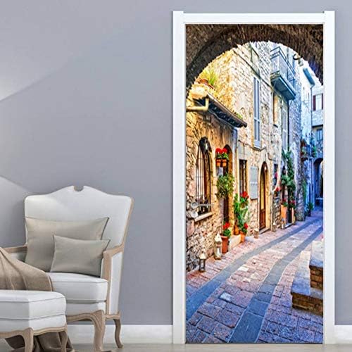 MXET 2 Pieces/Set Self-Adhesive Door Sticker 3D City View Street Wall Mural Wallpaper Restaurant Living Room Home Design Door Decals