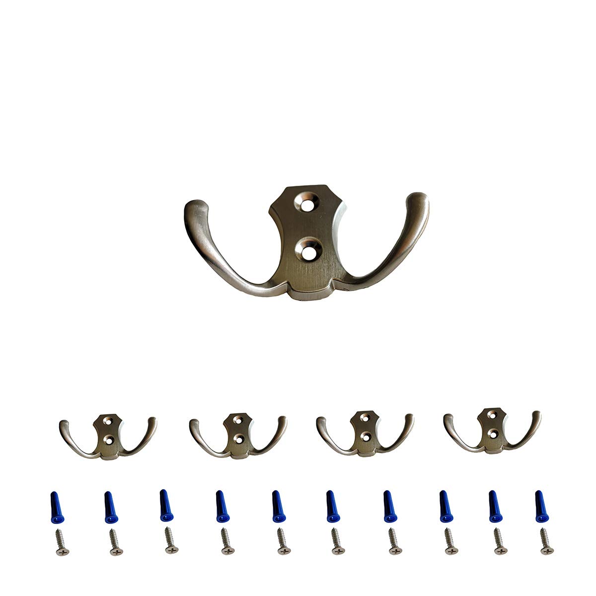 Vrandu Heavy Duty Stain Metal Hook 5 PCS Double Hook - Coat Hooks with Screws and Rubber Plugs - Wall-Mounted Storage Hook.