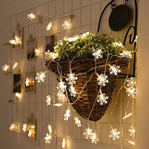 Bymlt-Snowflake String Lights 20 ft 40 Lights Battery Operated Waterproof for Garden Patio Bedroom Decor Indoor Outdoor Lighting, White（Battery power）