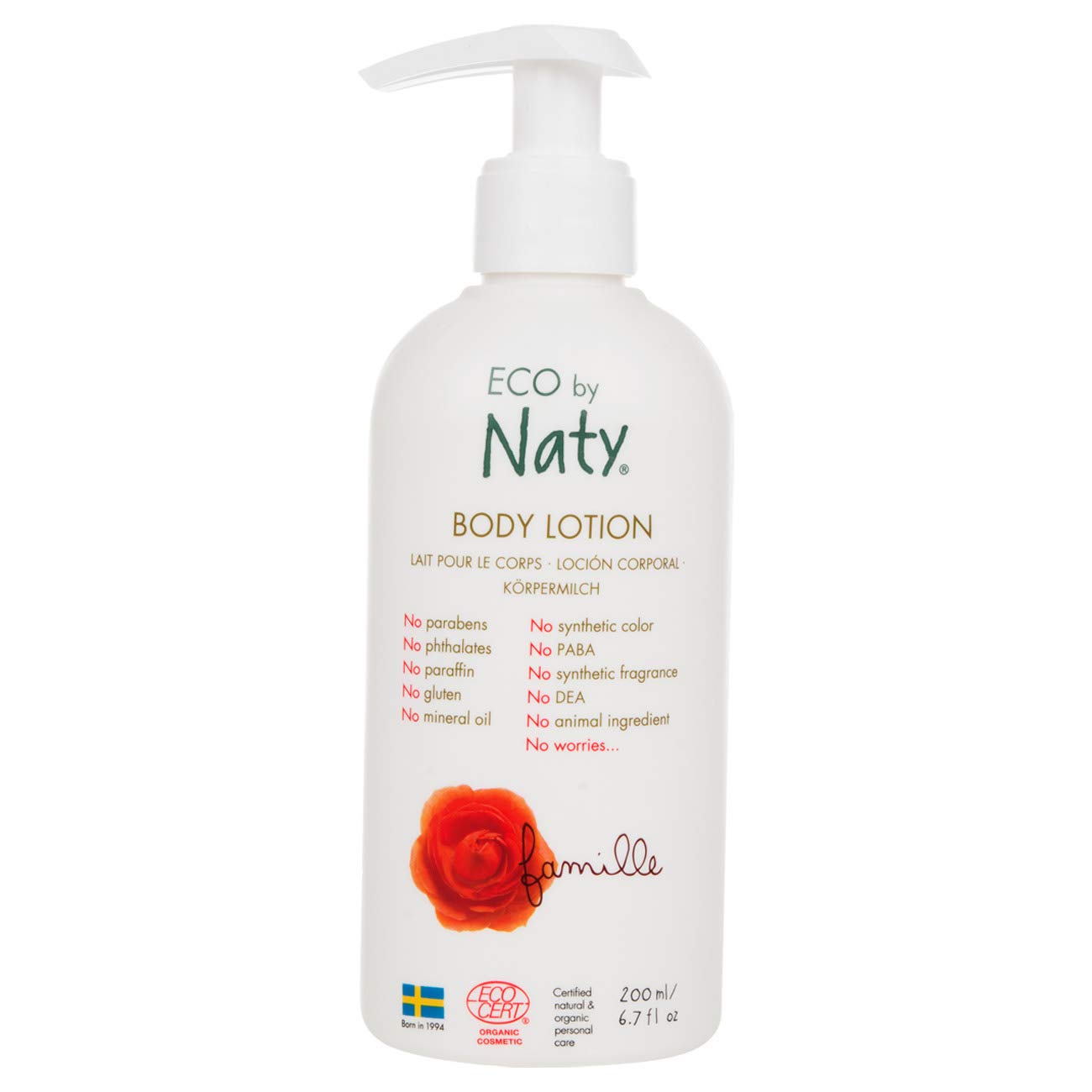 Naty Body Lotion, Plant-Based Organic Extracts with 0% Perfume, Hypoallergenic and Dermatologically Tested, 200 ml Bottle