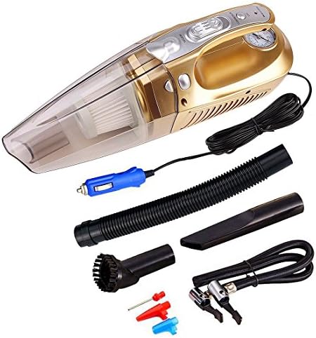Car Vacuum Cleaner, InGoo Portable Handheld 4 in 1 Auto Vehicle Wet-Dry Vacuums Cleaner 12V Dust Collector, Tire Inflator, Tire Pressure Gauge and LED Light (Golden)