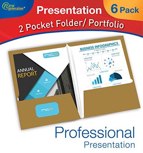 New Generation - GOLD - 2 Pocket Folder, Durable Heavy Duty UV Glossy Laminated, Business Presentation Portfolio Hold Letter Size sheets with a die-cut business card holder,6 Folders per Pack (GOLD)