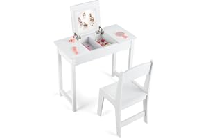 Costzon Kids Vanity, 2 in 1 Girls Vanity Set with Flip Top Mirror, Hidden Storage Space, Wooden Toddler Makeup Vanity Desk Dressing Table, Kids Vanity Table and Chair Set (White)