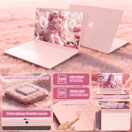 Auusda Lightweight Portable Pink Laptop, Win 11 Pro, 4-Core Processor,15.6" FHD IPS, Backlit Keyboard, Privacy Camera, Fingerprint Reader, USB 3.0, HDMI, for Business Work Study, 8GB RAM 128GB SSD | Backlit Keyboard, Fingerprint Sensor, USB 3.0*2, 6000mAh, Ideal for Student & Business