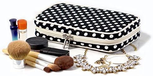 Jewelry & Accessories Travel Organizer Bag Case (White & Black Polka Dot Exterior & Beige Interior)