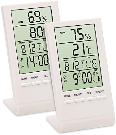 VenusCare Thermometer Hygrometer, Desk Digital Temperature Gauge Humidity Monitor with Alarm Clock &amp; Snooze function, Calendar, Moon Phases, for Home, Office, 2 Pack