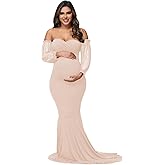 JustVH Maternity Mesh Puff Sleeve Off Shoulder Maxi Photoshoot Dress for Baby Shower Mermaid Hem Party Gown for Photography