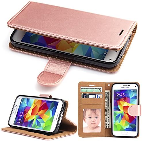 Galaxy J3 Leather Flip Case - SOWOKO Samsung J3 Wallet Case Credit Card Holder, [Slim Fit] Shockproof Protective Phone Cover for Samsung Galaxy J3 / J3 V / Express Prime / Amp Prime (Rose Gold)