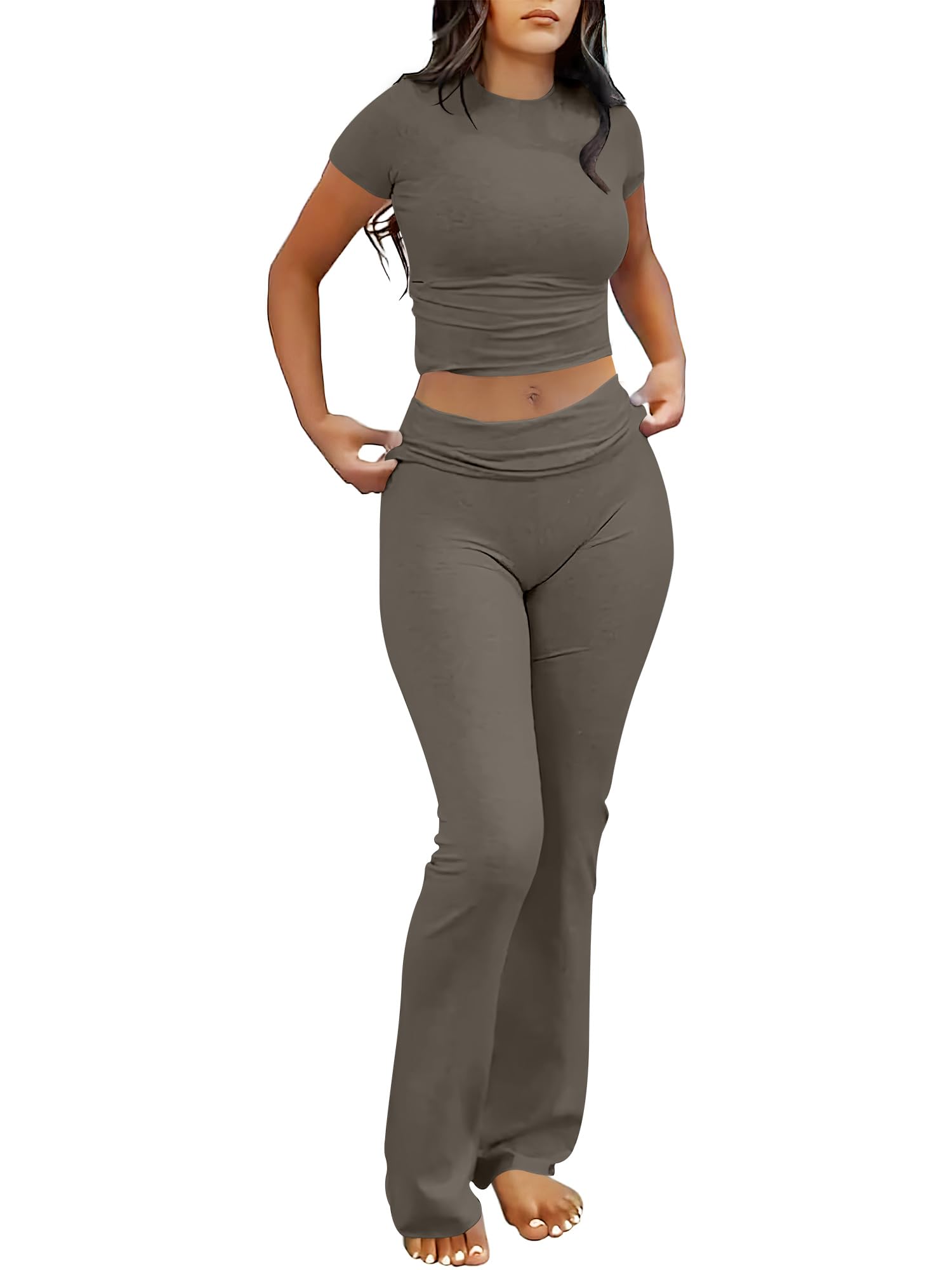 Photo 1 of ANRABESS Lounge Sets for Women 2 Piece Foldover Yoga Flare Leggings Pants Crop Tops Casual Y2K Outfits Matching Tracksuit Set Deep Gray Large