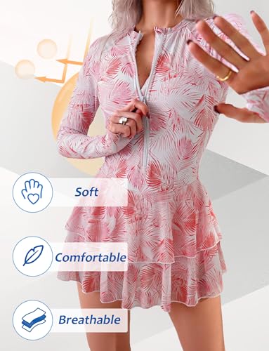 SEAUR Women Long Sleeve One Piece Skirted Swimsuit Zip Up Rash Guard Printed Modest Bathing Suits Ladies Padded Quick Drying Swimming Dress with Built in Shorts