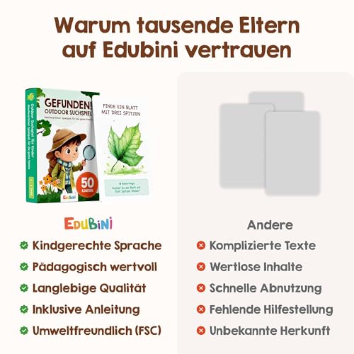 Edubini GEFODEN! Outdoor Search Game for Children from 4 Years - [50 Cards] - Outdoor Games for Outdoors, Treasure Hunt, Garden, Walks & Forest - Travel Games Gift for Boys and Girls