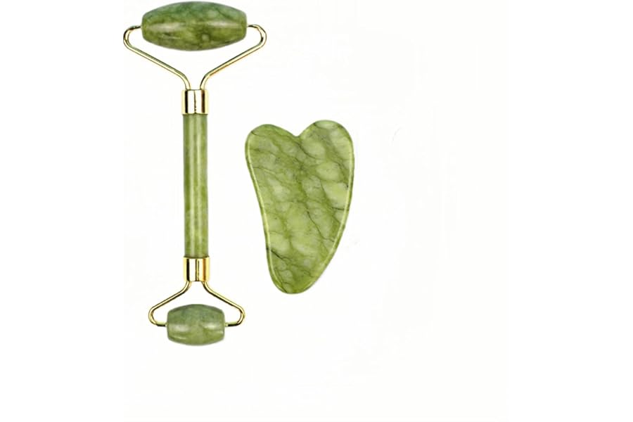 Stone Facial Massage Roller and Gua Sha Set Body Meridian Redness Skin Care Self Care for Men Women Massager for Face Eyes Neck Relieve Fine Lines and Wrinkles Quartz Home Massage 2-Sets Angle Green 4