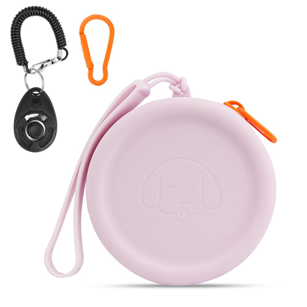 Silicone Dog Treat Pouch Small Bag,with Pet Training Clicker,Walking Bag for Dog and Cat, Pocket Size,Easy to Clean,Odorless,Zipper Design,Moisture-proof,Travel Walking Bag (Purple)