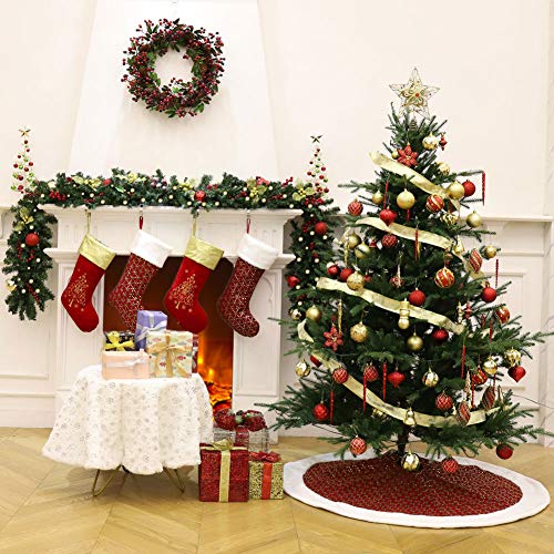 ExcMark 48 inch Red and Gold Christmas Tree Skirt with Faux Fur Border and Sequins