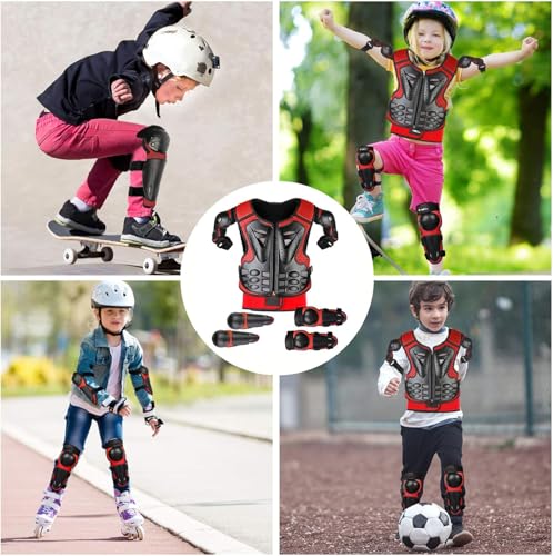 Fansport Children's Motorcycle Protective Gear, 5 Pieces Creative Breathable Knee Pad Equipment Motorcycle Cross Child for Off-Terrain Cycling Skiing Skating Skating