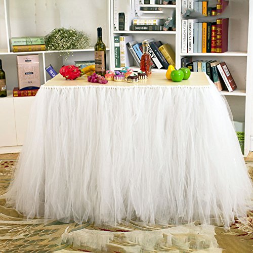 Haperlare 31 x 36 inch White Tulle Table Skirt Queen Snowflake Wonderland Tulle White Tablecloth Tutu Tablecloth Skirting for Wedding Party Baby Shower Christmas Birthday Cake Dessert Table Decoration