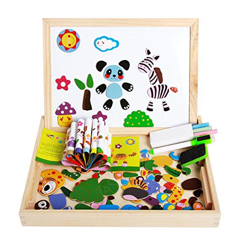Magnetic Jigsaw Puzzles Matching Picture Game Double Sided Wooden Easel Drawing Blackboard Magnetic Whiteboard Animal/Vehicle Magnet Puzzle Educational Learning Toys Gifts For Kids Boys Girls Age 3-6