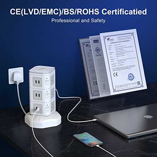 bedee Tower Extension Lead, Surge Protector Extension Lead with 6 USB Slots and 9 Outlet Plugs, Power Strip Tower with 10W Fast Wireless Charger, 6.5ft Extension Cord