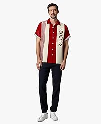 Bowling Shirts for Men Red Geometric Print Short