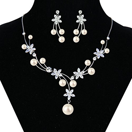 EleQueen Women's Silver-Tone CZ Simulated Pearl Flower Filigree Bridal Necklace Earrings Set Ivory Color
