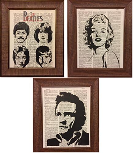 Set of 3 Johnny Cash Marilyn Monroe The Beatles Dictionary Book Page Art Print Picture Poster Office Home Office Bedroom Nursery Kitchen Wall Decor - unframed
