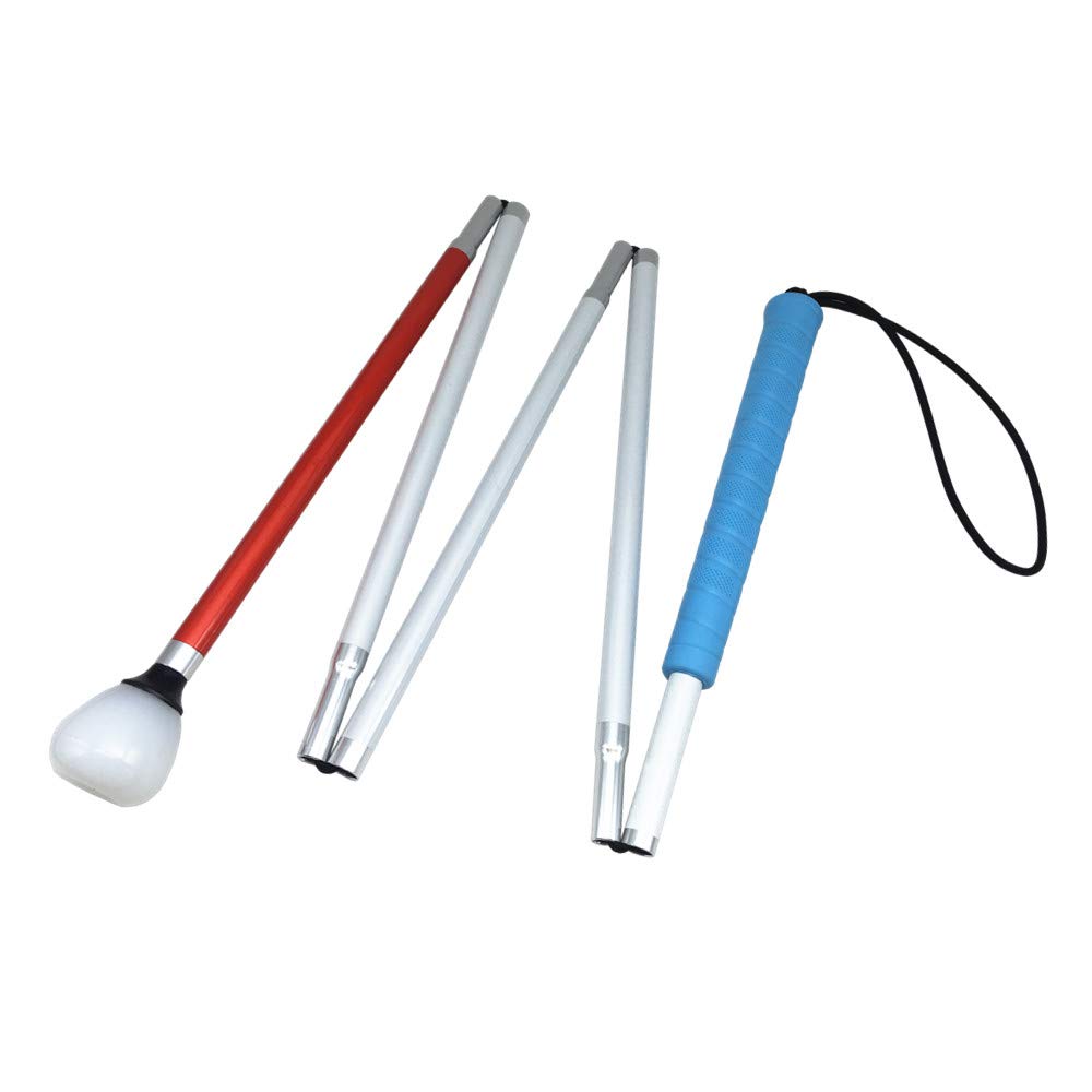 5-Section Aluminum Blind Cane,Reflective Red, Folding Walking Stick for Blind People (105 cm, Blue Handle)