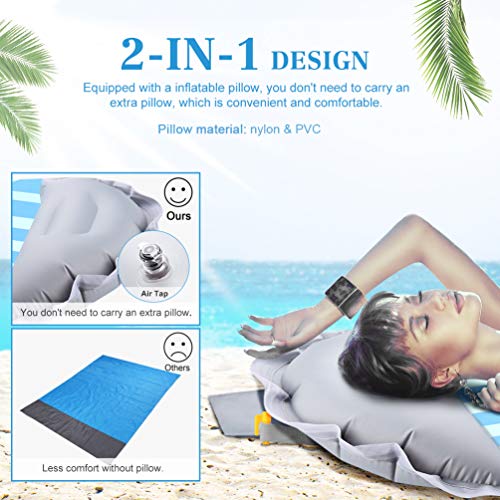 RUNACC Sand Free Beach Blanket, 2-in-1 Waterproof Picnic Outdoor Mat Sleeping Pad, Integrated Inflatable Pillow Design for Travel Camping Hiking, 7.02´ x 3.08´ ft