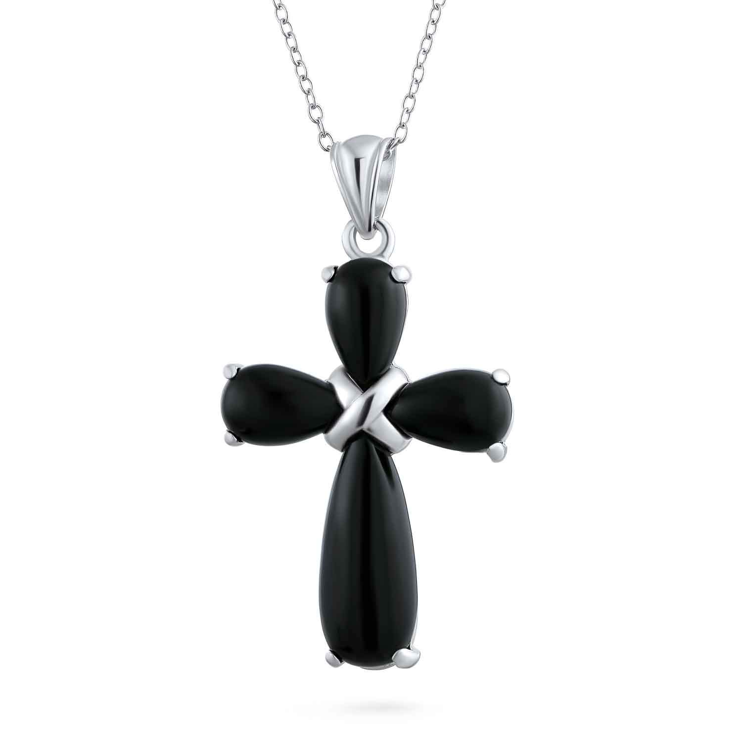 Bling Jewelry Timeless Fashion Cabochon Genuine Gemstones Black Onyx Cross Pendant Necklace For Women Teen .925 Sterling Silver With Chain