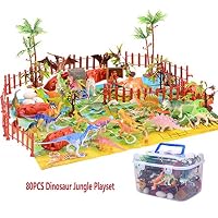 HT HONOR . TRUST 80PCS Dinosaur Toys Set for Boys Girls 3 4 5 6 Years Old Jungle Toy Set with Dinosaur Egg Cabin Mountain Trees